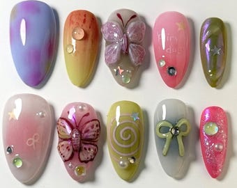 Fairy Butterfly Press On Nail, Custom Hand-painted Acrylic Spring Fake/False Nail, Kawaii Floral Nail, Summer Nail, Spring Nails, Gifts