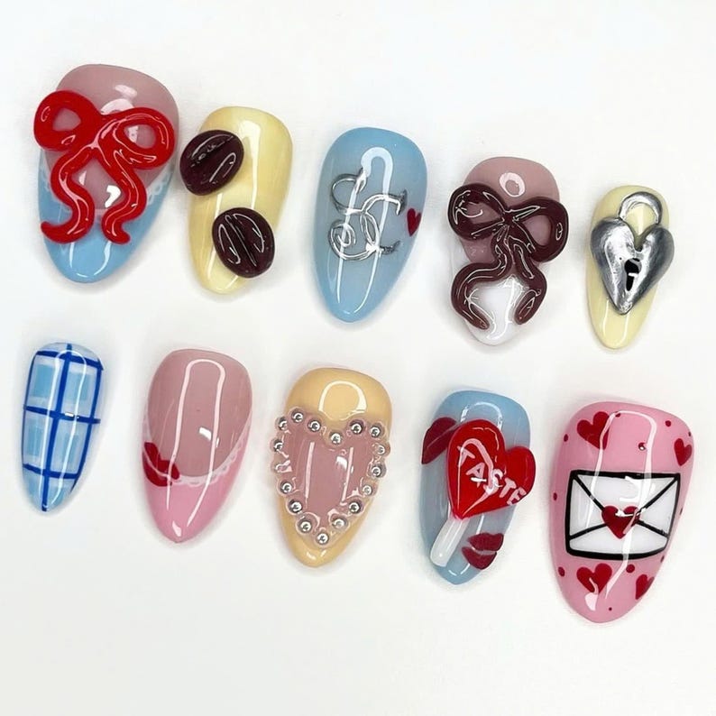 press on nails, strawberry naills, Long Stiletto Nail, handpainted Nail, Cute Nail, Gel Nail Art, Fake Nails, Valentine Nail, Cherry Nail, Jelly Nail, Pink Nail, Red and Pink Nail, Valentine nails, Sabrina Carpenter, Almond Nails