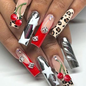 Handcrafted Dice Press On Nails, Long Square Nail Set, Artistic Nail Art with Cheetah Print, Cherry, Custom Unique Fake Nails, Casino Nails