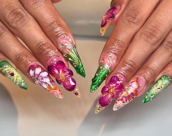 Fairycore Nails Press On, Long Almond Nail Set with Dry Orchids, Butterfly, Spring Nail, Neon Green Fake Nails, 3D Flower Nail. Gift for her