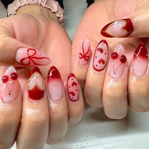 Unique Almond Nail Set with Cherry, Heart, Valentine&#39;s Day Party Press On Nails, Red Valentine Nails, Handmade Romantic Nails, Gift for her.