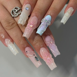 Flower Nails Press On, 3D Bow Nails, Popular Nails, Y2K Nails, Custom Nails Art, Birthday Nails, Gift Nails, Nail Designs, Elegant Nail Set.
