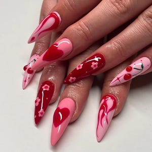 Heart & Flower Press On Nails, Long Almond with Cherry, Flower, Flaming, Valentine Nail, Valentine Press On Nail, Spring Nail, Wedding Nails