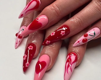 Heart & Flower Press On Nails, Long Almond with Cherry, Flower, Flaming, Valentine Nail, Valentine Press On Nail, Spring Nail, Wedding Nails