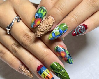 Unique Cottagecore Ladybug & Floral Nail Set, Handmade Art Press On Nails, Colorful Nature Nails, Custom Boho Designer Nails, Gift for her