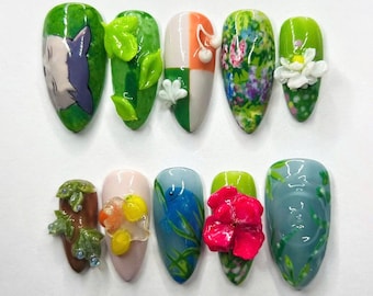 Green Garden Press On Nails, Toroto Anime Inspired Nails, 3D Gel Nails, Japanese Nail Art, Holiday Nails, Nail Designs, Trendy Fake Nail
