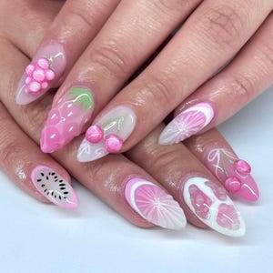 Pink Fruit Fake Nails for Summer Lover, Brilliant Summer Almond Press On Nails, Spring-Summer Nail, Gel Nail, Holiday Nail, Chrome Press On