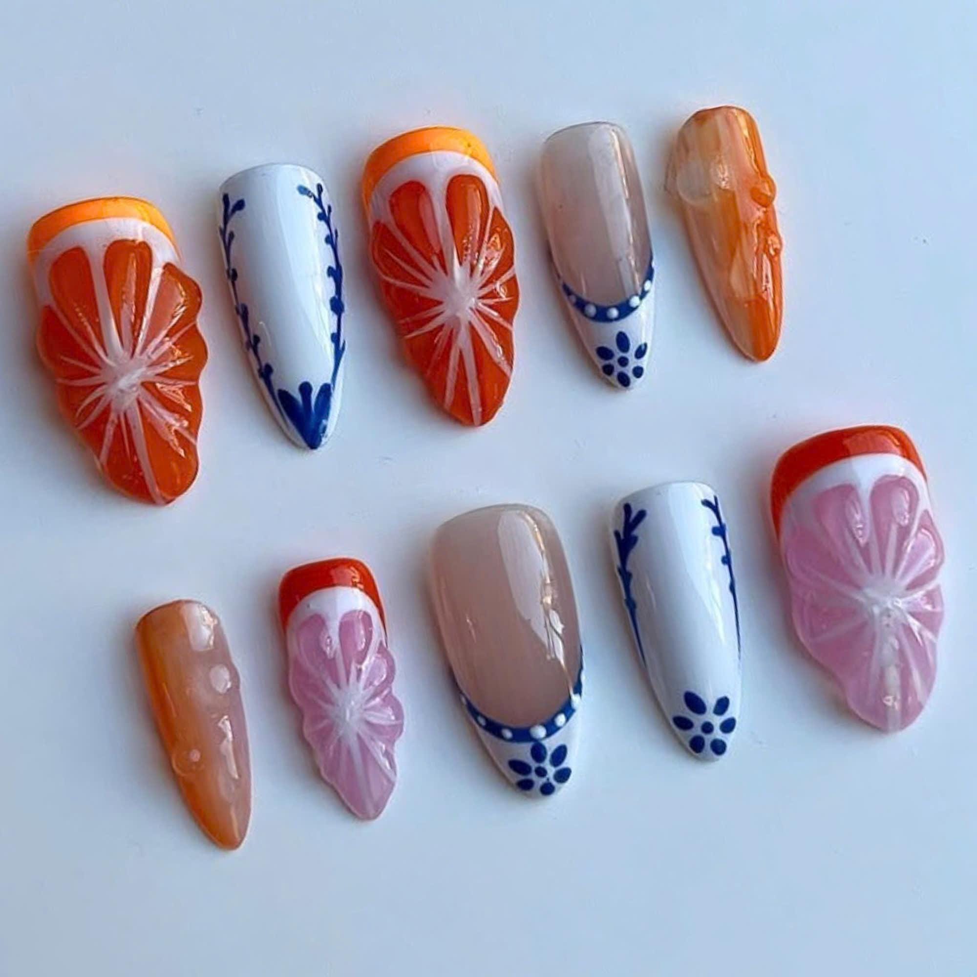 Fresh Citrus Press on Nails, Hand-painted Summer Nail Set With 3D