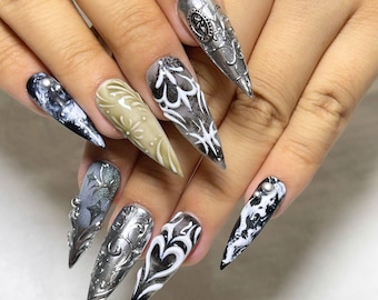 Uñas postizas metálicas barrocas góticas, fantasía oscura esculpida, set personalizado hecho a mano