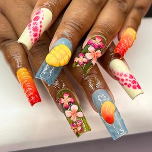 Flower, Mango Press On Nails, Fresh Fruit Fake Nails for Summer Lover, Flower Press On, Spring-Summer Nail Art, Holiday/Party Nails, Gifts.
