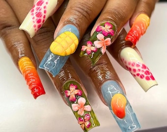 Flower, Mango Press On Nails, Fresh Fruit Fake Nails for Summer Lover, Flower Press On, Spring-Summer Nail Art, Holiday/Party Nails, Gifts.