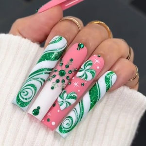 Christmas Blue Candy Cane 2024 Glue On Nails, Blue Press On Nails, Winter Nails, Christmas Nails, Xmas Nails, Xmas Nails, Santa Nails.