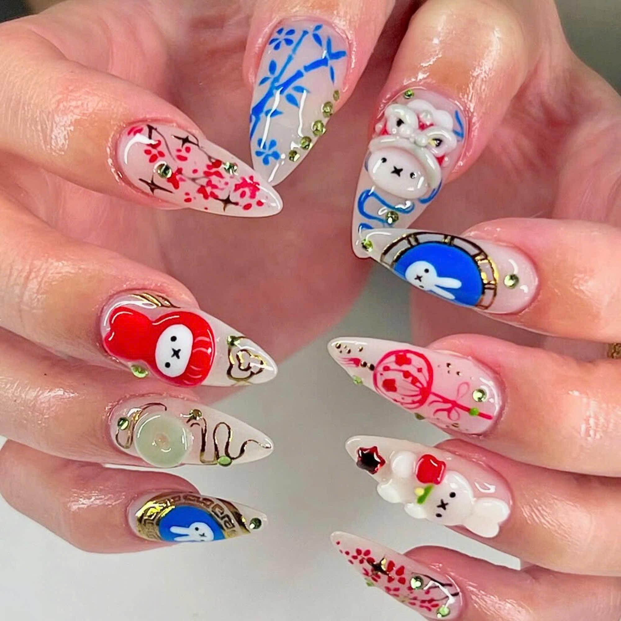 【ミ♡nail 】 Long Almond Nail Set With Cute Miffy, Peach Blossom, Lantern