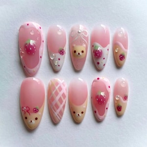 Pink Cute Miffy Press On Nails, Handmade Acrylic Fake Nail Art with Strawberry, French Tip, Pink Almond Nail, Valentine Nail Gift Party Nail