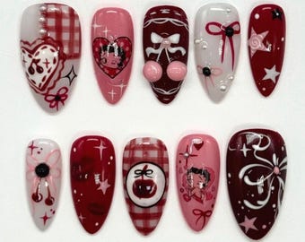 Betty Boop Press On Nail, Almond Red Nail with 3D Heart, Strawberry, Valentine Nail, Valentine Press On Nail, Spring Nail, Romantic Nails.