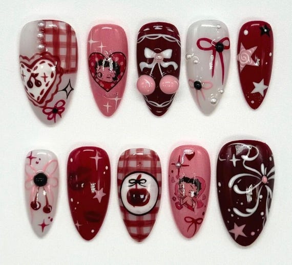 Betty Boop Press On Nail, Almond Red Nail with 3D Heart, Strawberry, Valentine Nail, Valentine Press On Nail, Spring Nail, Romantic Nails.
