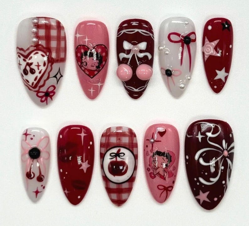 Nails, DIY Nails, Nails Art, fake nails, false nails, Acrylic Nails, Valentine nails, valentine press on nails, heart nails. pink nails, hello kitty nail set, nails, press on nails, Betty Boop, Red nails, Red press on nails