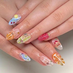 Funny Summer Press-On Nails, Fake Nails with Stunning Tropical Fruits Unique Look, Fantasy Nails, Colorful Nails, Summer Nails, Party Nails.