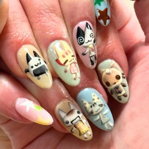 Kawaii Tier Nail Art Press-On-Nägel mit Pastell Sternen, süße Cartoon Katze & Häschen, süße Tiernägel, Benutzerdefinierte Charakter Nägel, handgemachtes Geschenk