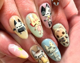 Uñas postizas con diseño de animales kawaii y estrellas pastel, adorables dibujos de gato y conejo, uñas de animales, uñas personalizadas con personajes, regalo hecho a mano.