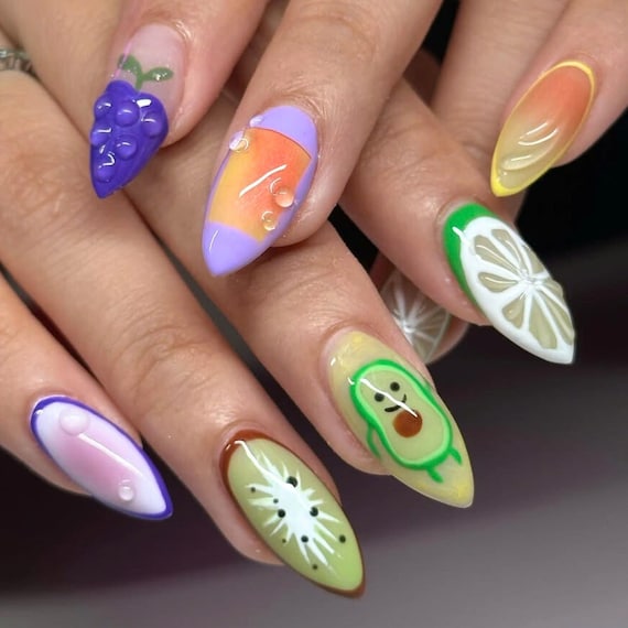 Handmade Fruit Stiletto Press on Nails, Fresh Kiwi Fake Nails for