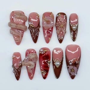 Hand-painted Sculpted Snake Nails, Jade Nails, Long Nails, Asian Nails Art with Snake, Lotus, New Year Nails, Press On Nails, Floral Nail