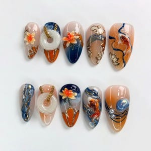 Koi Fish & Lotus Flowers Press On Nails, Vibrant Almond Nail Set, Asian Nail Art, Handmade Fish Fake Nails, Unique Nail Designs, Summer Gift