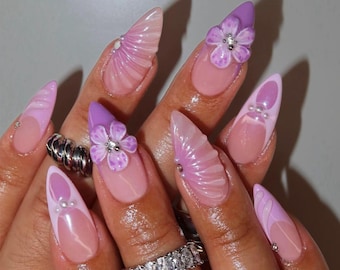 Free Style With Purple Flower and 3D French Tips Long Almond Press On Nails, Handmade Unique Fake Acrylic Nails, Y2K Emo Chrome Press On.