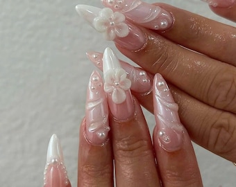 Handmade 3D Flower Press On Nail, Pink Pearl Nail Art, Elegant Bridal Nails, Long Stiletto Glossy Nails, Custom Nail Set, Spring Nails, Gift