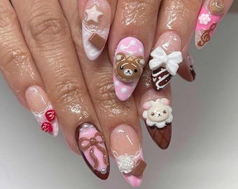 Chocolate Ice Cream Press On Nails, Japanese Fake Nails Art, 3D Bear Nail, Unique Nails for Birthday, Valentine, Party, Gift for her