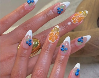 ハンドメイド プレスオンネイル カラフル Crystal Citrus Fruit Press on Nails, Summer 3D Orange & Blueberry
