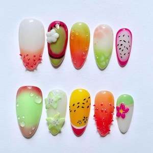Brilliant Summer Almond Press On Nails, Fresh Fruit Fake Nails for Summer Lover, Chrome Press On, Spring-Summer Nail, Gel Nail, Holiday Nail