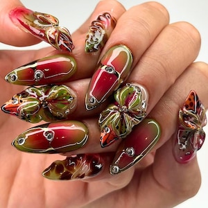 Unhas longas de prensagem verde melancia, unhas falsas/de acrílico pintadas à mão personalizadas, unhas cor de chocolate, unhas de verão, unhas de flores, presente
