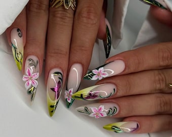 Handmade 3D Floral Long Stiletto Nails, Yellow Green Ombre Press On Nails with Pink Flowers, Elegant Hand Painted Nail Art, Summer Nails.