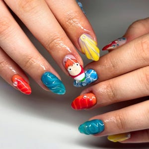 Hand-painted Ponyo Press On Nails, Custom Sosuke Nail Set, Cute Ghibli Nail Art Set, Trendy Cartoon Nails, Anime Designs, Colorful Nails.
