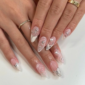 Uñas postizas personalizadas, uñas postizas para fiestas, uñas estilo Y2k, uñas de boda, uñas japonesas, uñas largas, uñas almendradas, uñas con lazo, uñas con forma de corazón