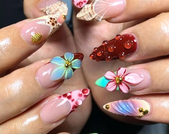 Handmade Ocean & Floral 3D Press On Nails, Summer Beach Nail Art, Colorful Shell, Flower False Nails, Cute Kawaii Nails, Holiday/Party Nails