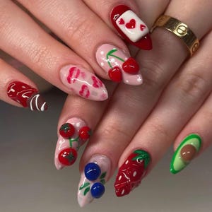Handmade Fruit Almond Press On Nails, Fruit Garden Fake Nails for Summer Lover, Fruit Press On, Spring-Summer Nail Art, Valentine Nail, Gift