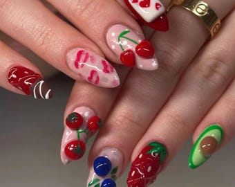 Handmade Fruit Almond Press On Nails, Fruit Garden Fake Nails for Summer Lover, Fruit Press On, Spring-Summer Nail Art, Valentine Nail, Gift