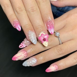Handgemachte 3D-Rosa-Press-Nägel, Kirschblüten-Nagelkunst, Kawaii-Sommer-Mandel-Nägel, Blumen-Fake-Nägel, Frühlings-Nägel, Valentinstag-Nagel-Set.
