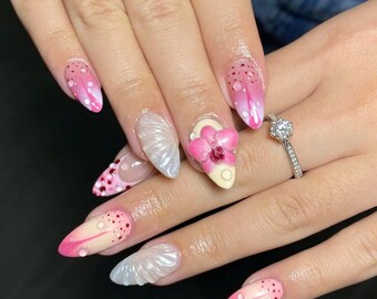 Handgemaakte 3D roze pers op nagels, kersenbloesemnagelkunst, kawaii zomeramandelnagels, bloemen nepnagels, lentenagels, valentijnsnagelset.