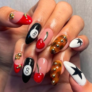 Elegant 8 Ball Press-On Nail, Cute Nails with 3D Ball - Cherry Nail, Star, Trendy Billiards Nail, Gift for Billiards & Snooker Enthusiast.
