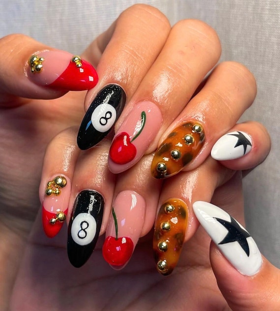 Elegant 8 Ball Press-on Nail, Cute Nails With 3D Ball - Cherry Nail, Star, Trendy Billiards Nail, Gift for Billiards & Snooker Enthusiast. - Etsy