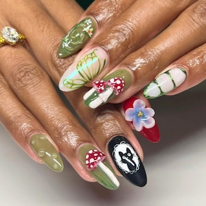 Secret Garden Almond Mushroom Press On Nails, Fairy Tale Inspired Fake Nails, Birthday Holiday Nails Art, Butterfly Nails, Gifts for Her.