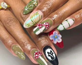 Secret Garden Almond Mushroom Press On Nails, Fairy Tale Inspired Fake Nails, Birthday Holiday Nails Art, Butterfly Nails, Gifts for Her.