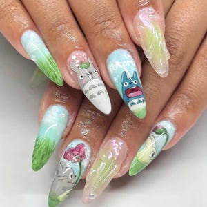 Hand-painted My Neighbour Totoro Press On Nails, Long Almond Totoro Nail Set, Cute Ghibli Nail Art Set, Trendy Cartoon Nails,  Anime Designs