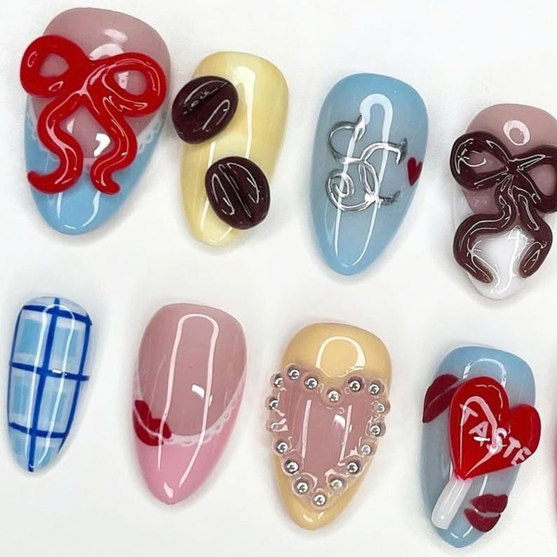 press on nails, strawberry naills, Long Stiletto Nail, handpainted Nail, Cute Nail, Gel Nail Art, Fake Nails, Valentine Nail, Cherry Nail, Jelly Nail, Pink Nail, Red and Pink Nail, Valentine nails, Sabrina Carpenter, Almond Nails