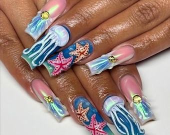 Underwater 3D Ocean Nail Set, Handmade Press On Nails with Jellyfish, Starfish & Shells, Mermaid Iridescent Beach Nails, Summer Nails, Gifts