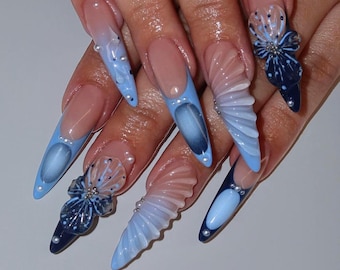 Blue Nails with French Tips, Flower Press On Nails, Hand-painted Long Nail Set for Holiday, Event, Summer Nails, Vibrant Fake Acrylic Nails.