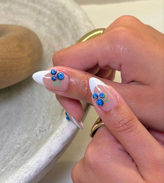 Crystal Citrus Fruit Press on Nails, Summer 3D Orange & Blueberry